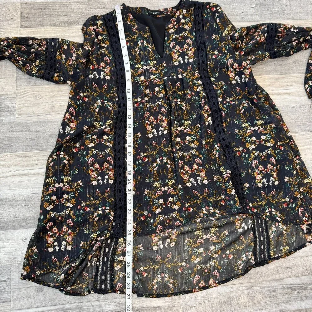 Blu Pepper black floral lightweight long sleeve blouse boho size large R19